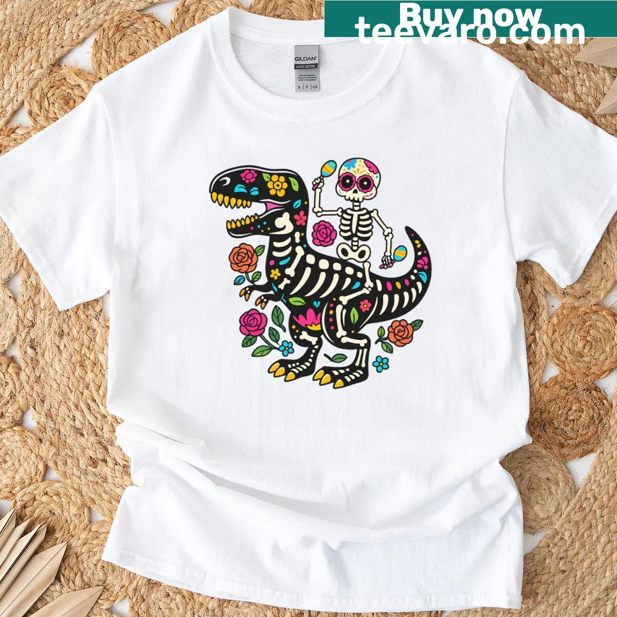Funny cartoon dinosaur skeleton for Halloween T-shirt — on a men's t-shirt