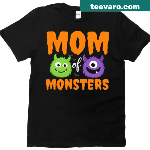 Whimsical typography t-shirt stating 'Mom Of Monsters'