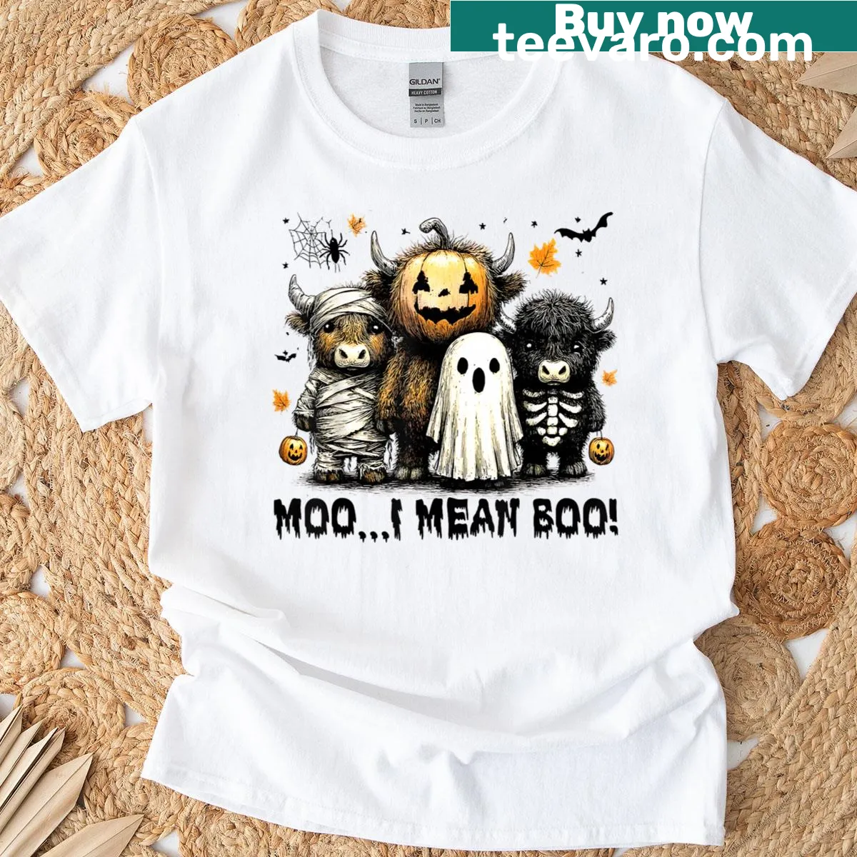 Cartoon ghost cow t-shirt with funny Halloween theme — on a men's t-shirt