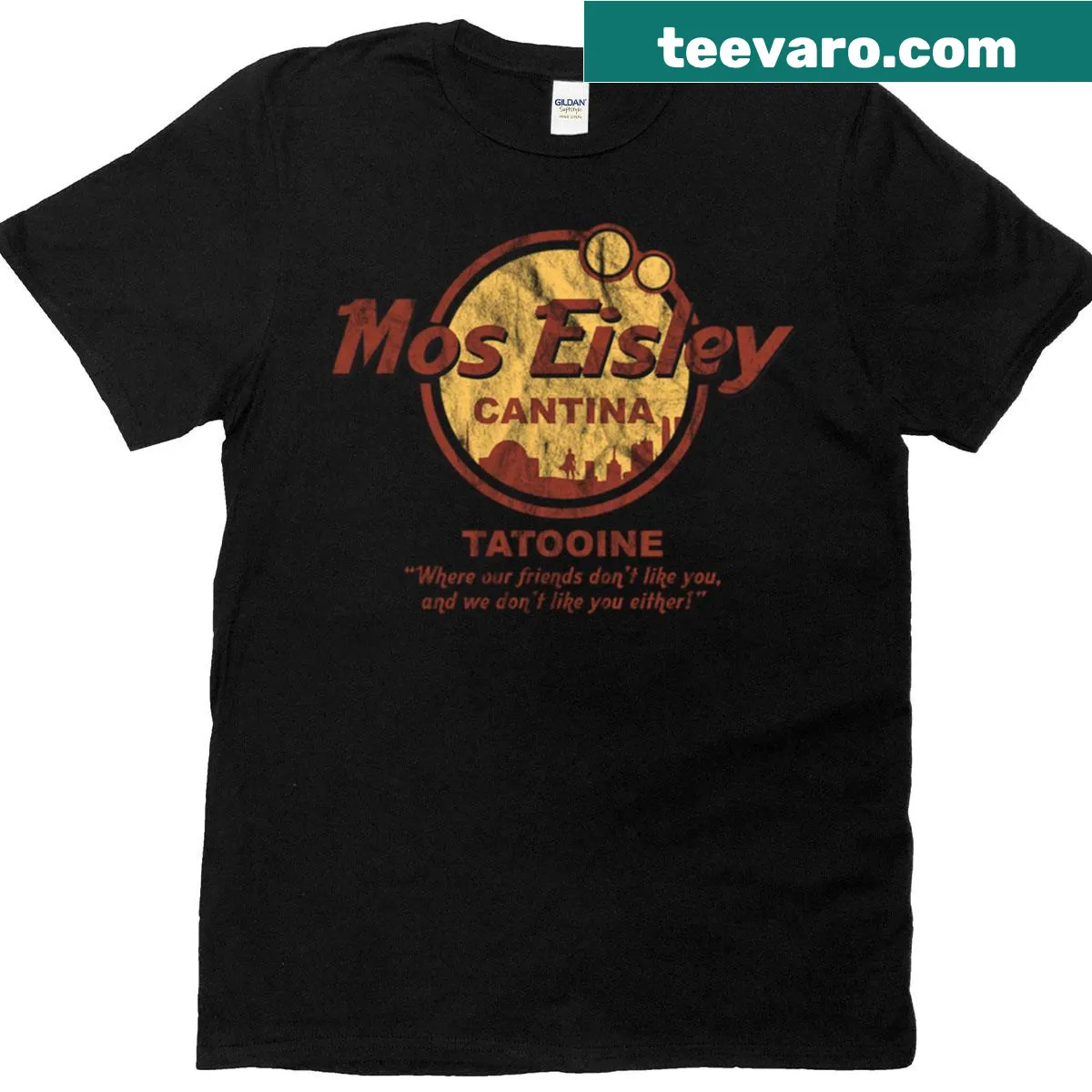 Artistic illustration of Mos Eisley Cantina from Star Wars — on a men's t-shirt