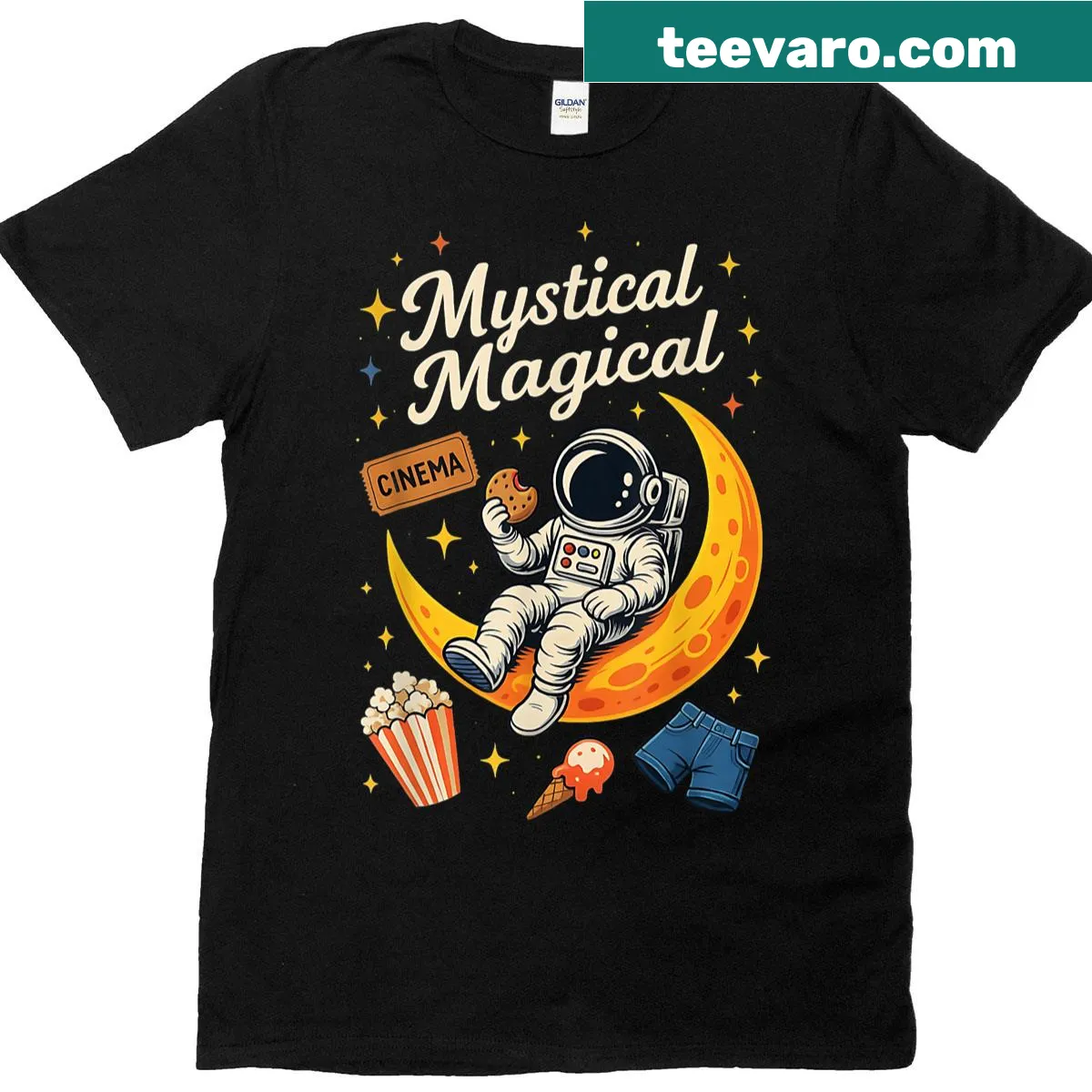 T-shirt displaying a magical astronaut with moon and space elements — on a men's t-shirt