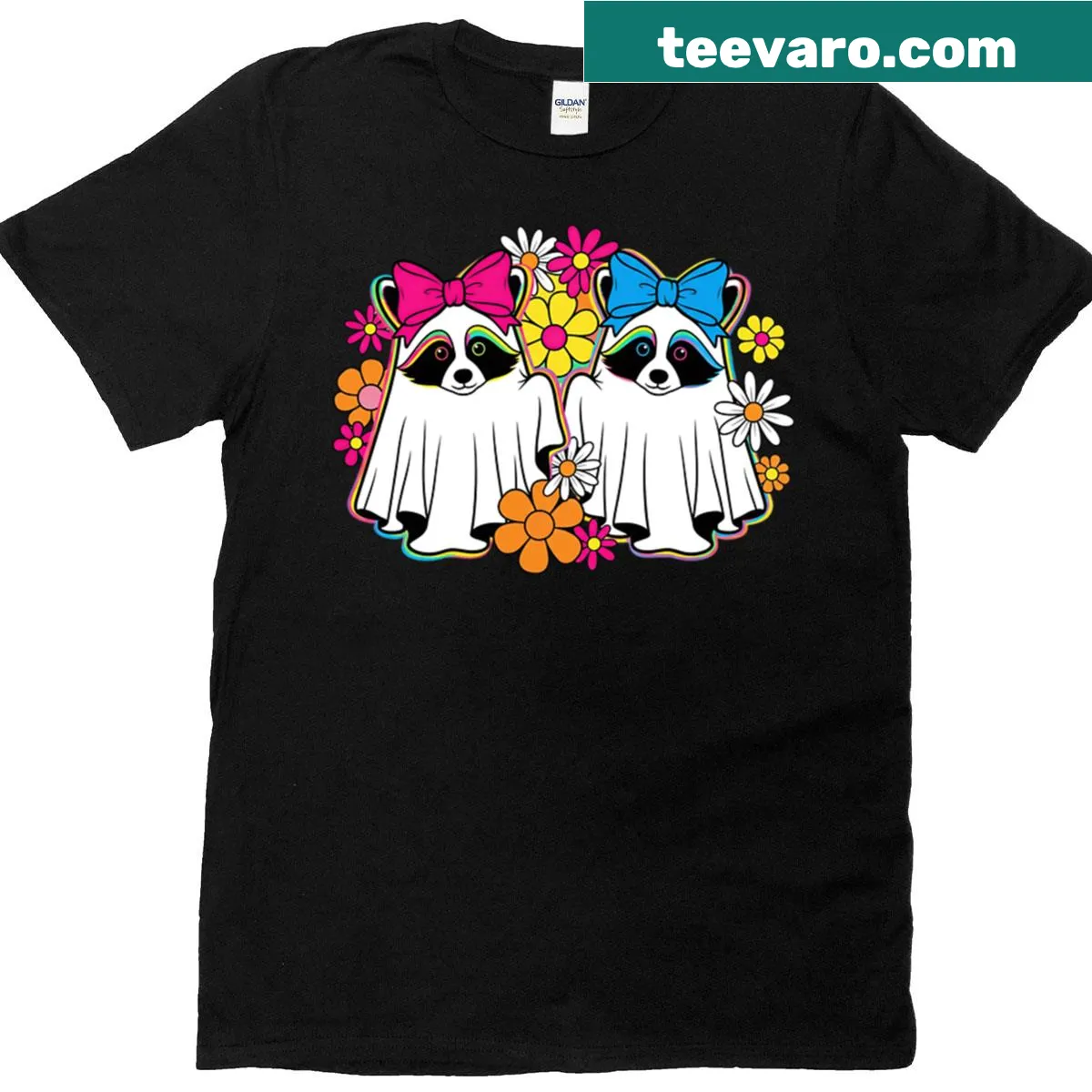 Illustration of neon raccoon ghosts on a fun T-shirt — on a men's t-shirt