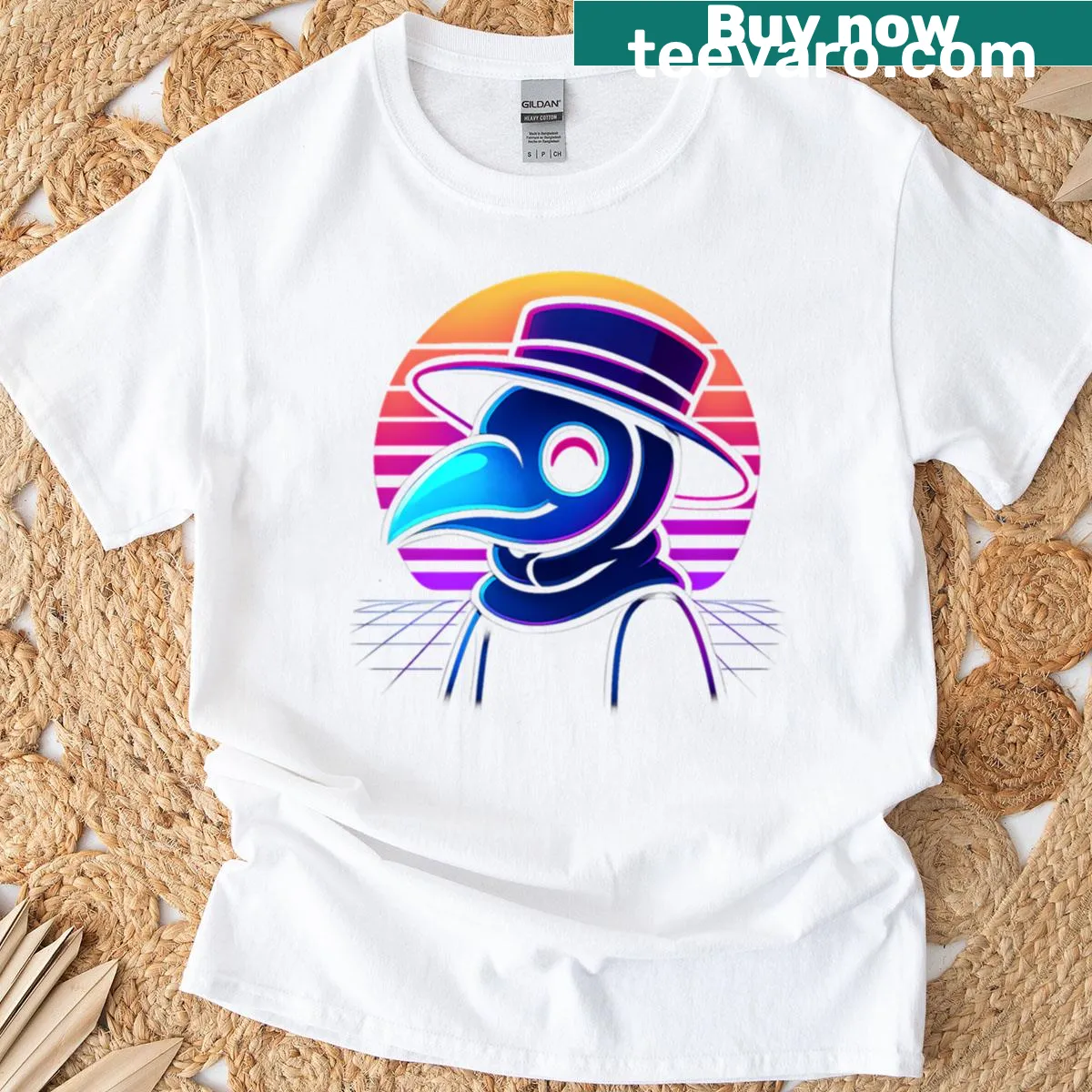 Retro synthwave plague doctor graphic on T-shirt — on a men's t-shirt