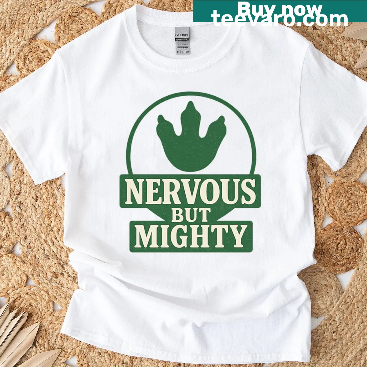 Cartoon-style nervous dinosaur graphic tee — on a men's t-shirt