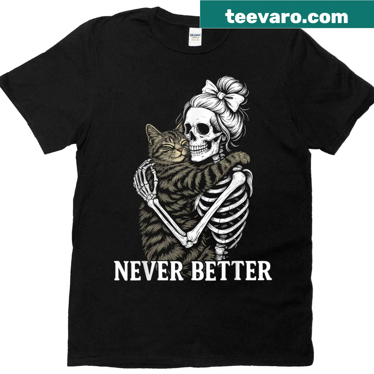 Skeleton hugging a cat in a funny Halloween design T-shirt — on a men's t-shirt