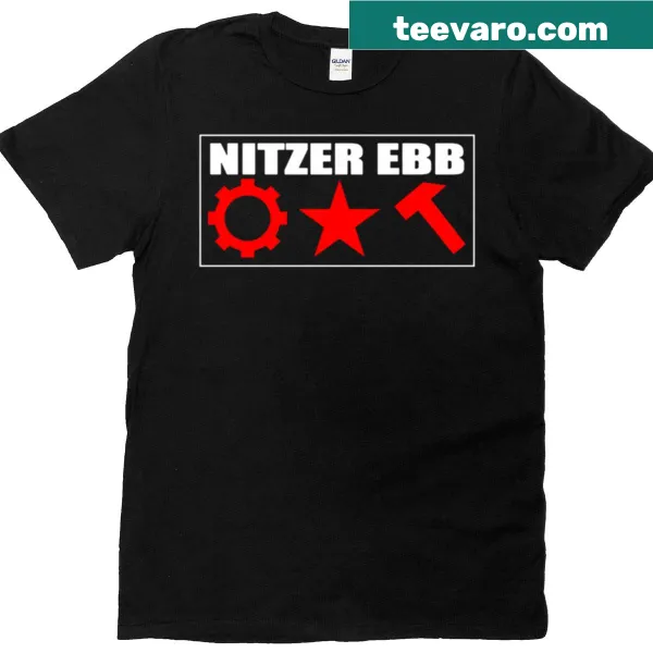Bold typography Nitzer Ebb logo on a stylish t-shirt