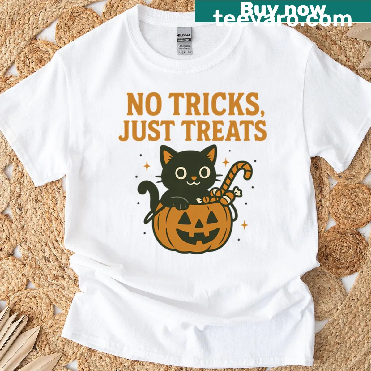 Halloween T-shirt featuring a cartoon black cat with the phrase 'No Tricks Just Treats' — on a men's t-shirt