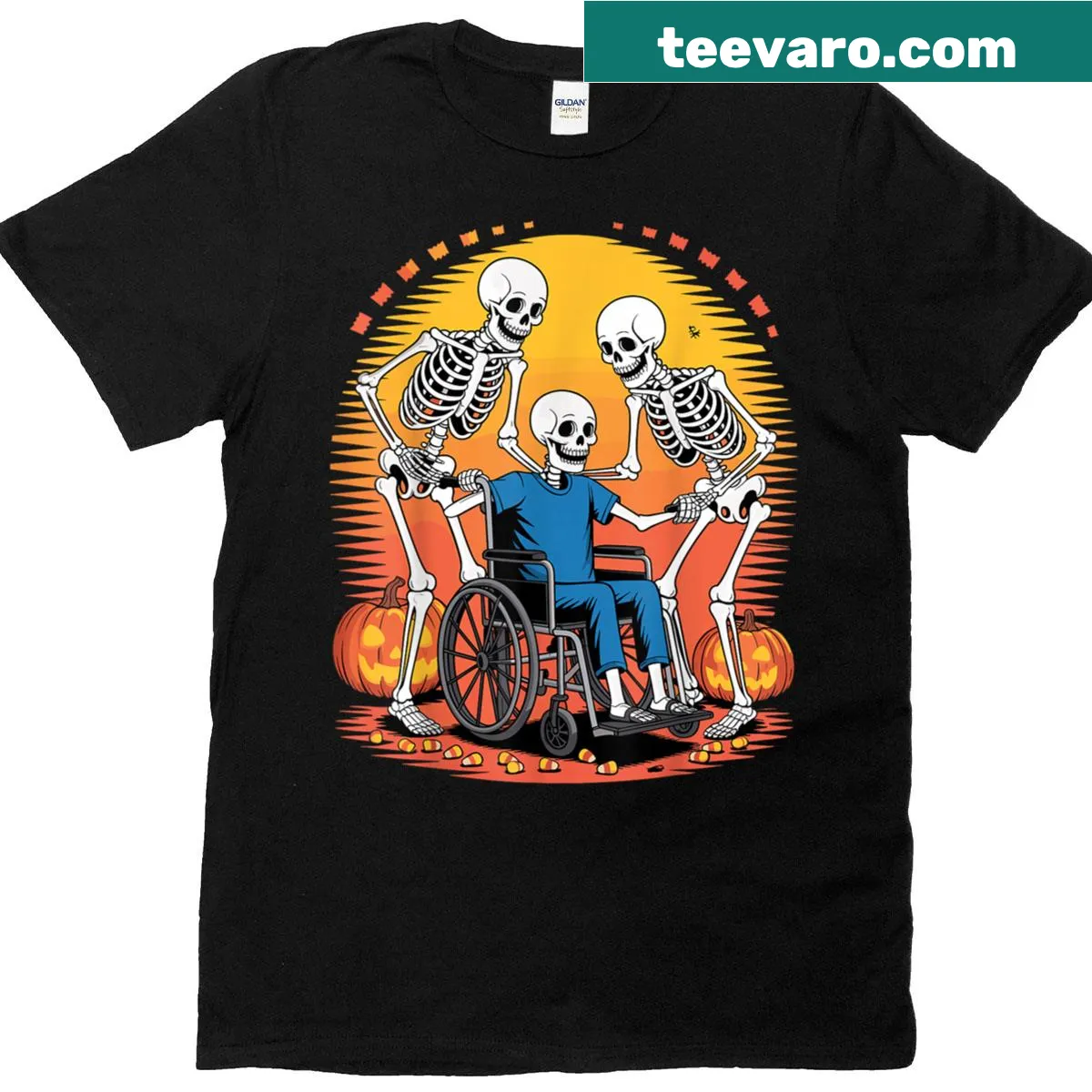 Cartoon skeleton nurses graphic on Halloween-themed T-shirt — on a men's t-shirt