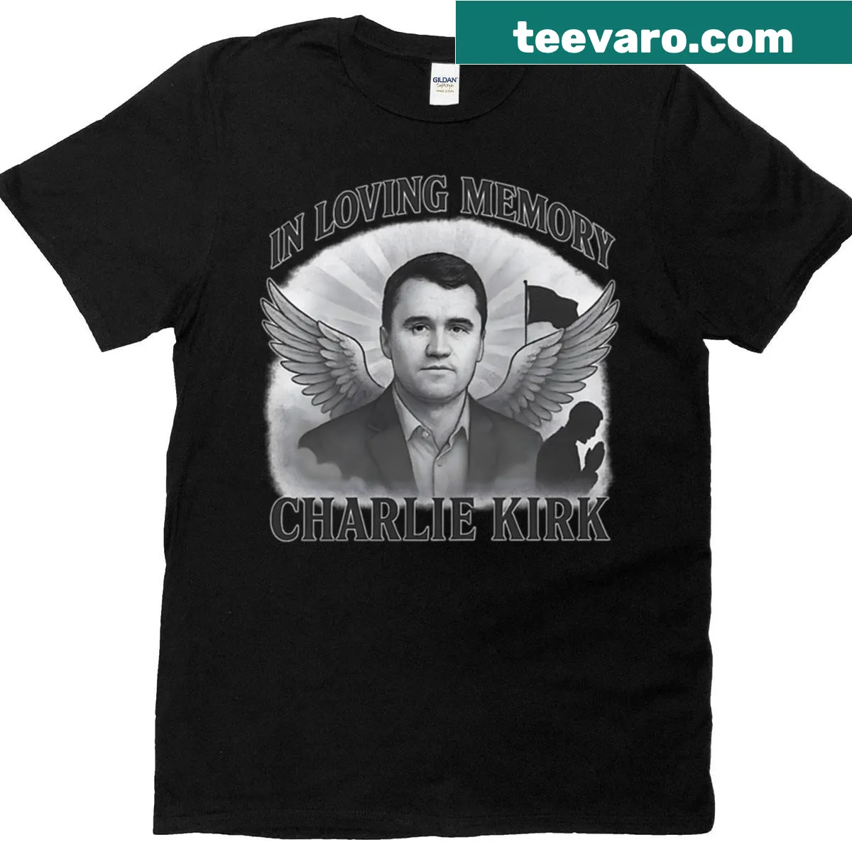 Memorial tribute text for Charlie Kirk on T-shirt — on a men's t-shirt