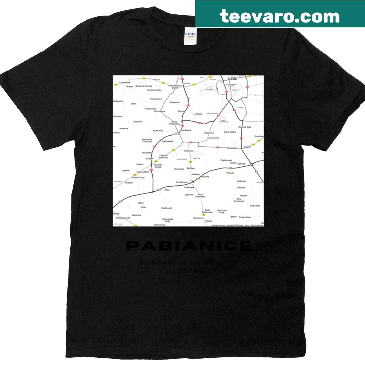 Minimalist city map of Pabianice, Poland on a T-shirt — on a men's t-shirt