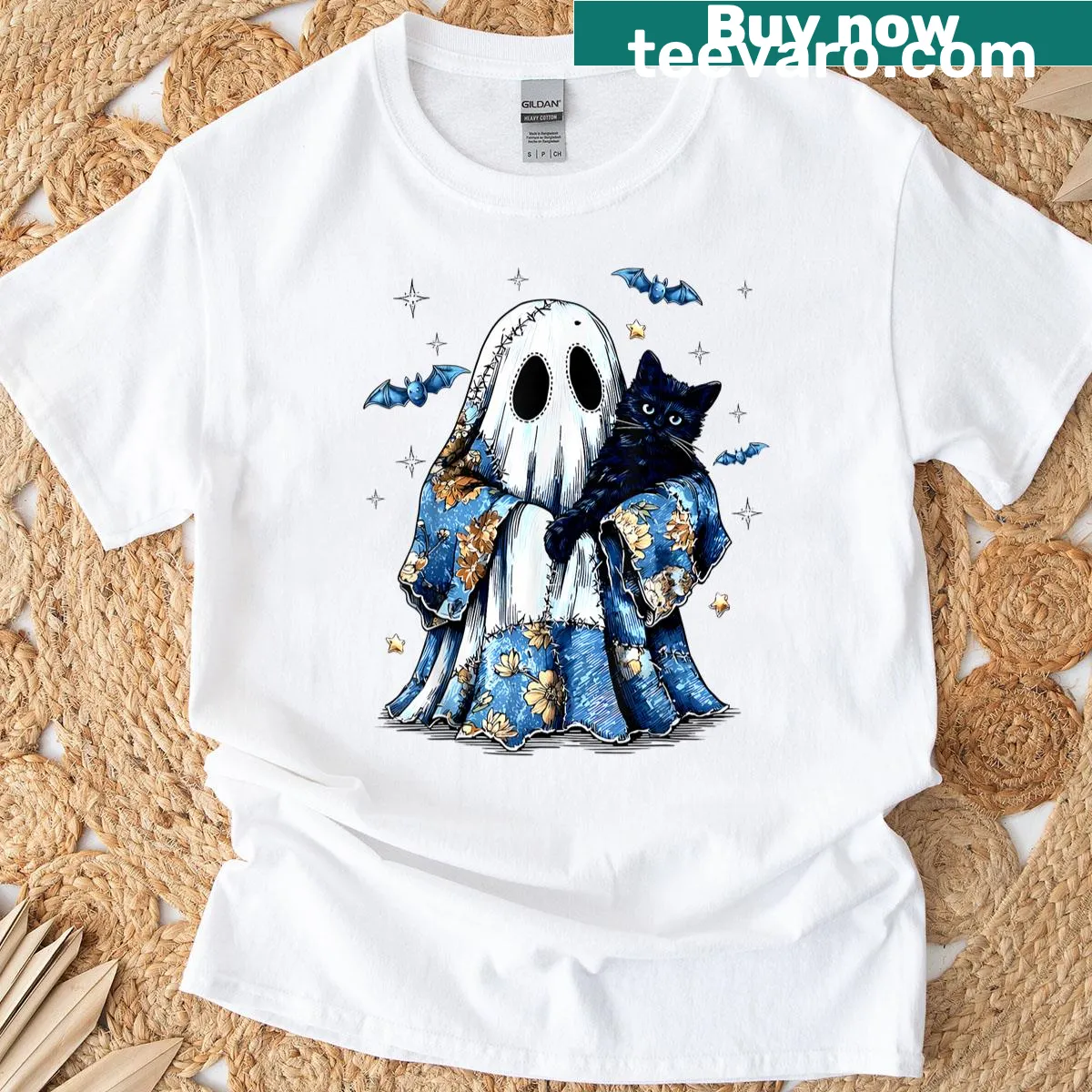 Cute Halloween t-shirt with a ghost and black cat illustration — on a men's t-shirt