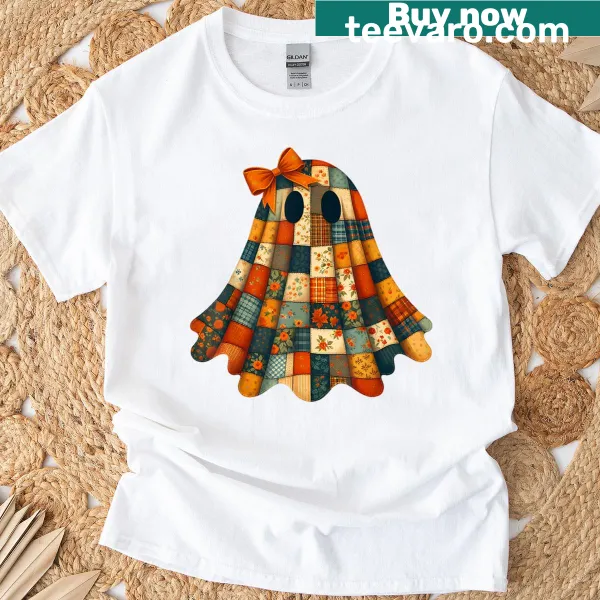 Halloween T-shirt with patchwork ghost design for quilters