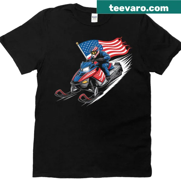 Snowmobiling T-shirt featuring an American flag and a snowmobile rider