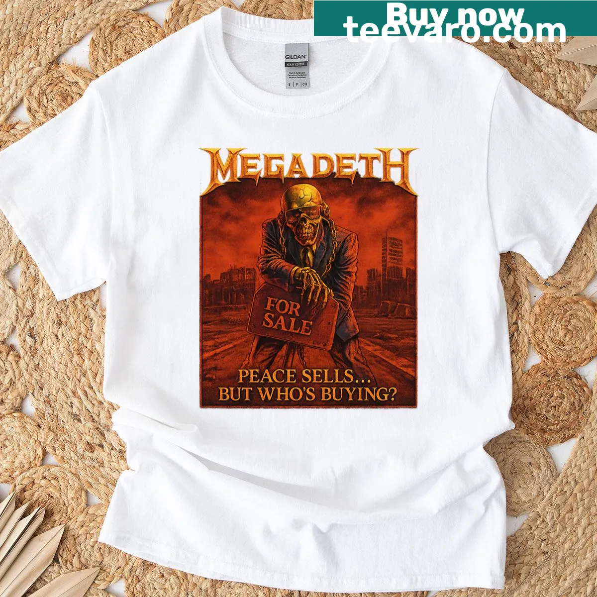 Rock music-themed t-shirt with the phrase Peace Sells — on a men's t-shirt