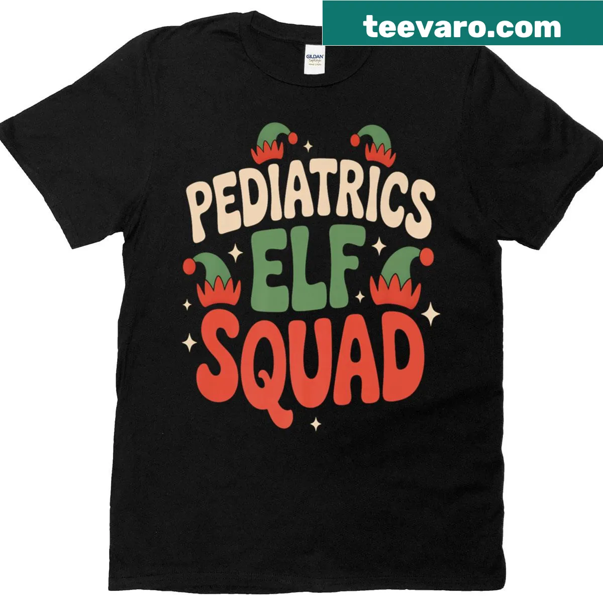 Funny Christmas T-shirt featuring playful elves for kids — on a men's t-shirt