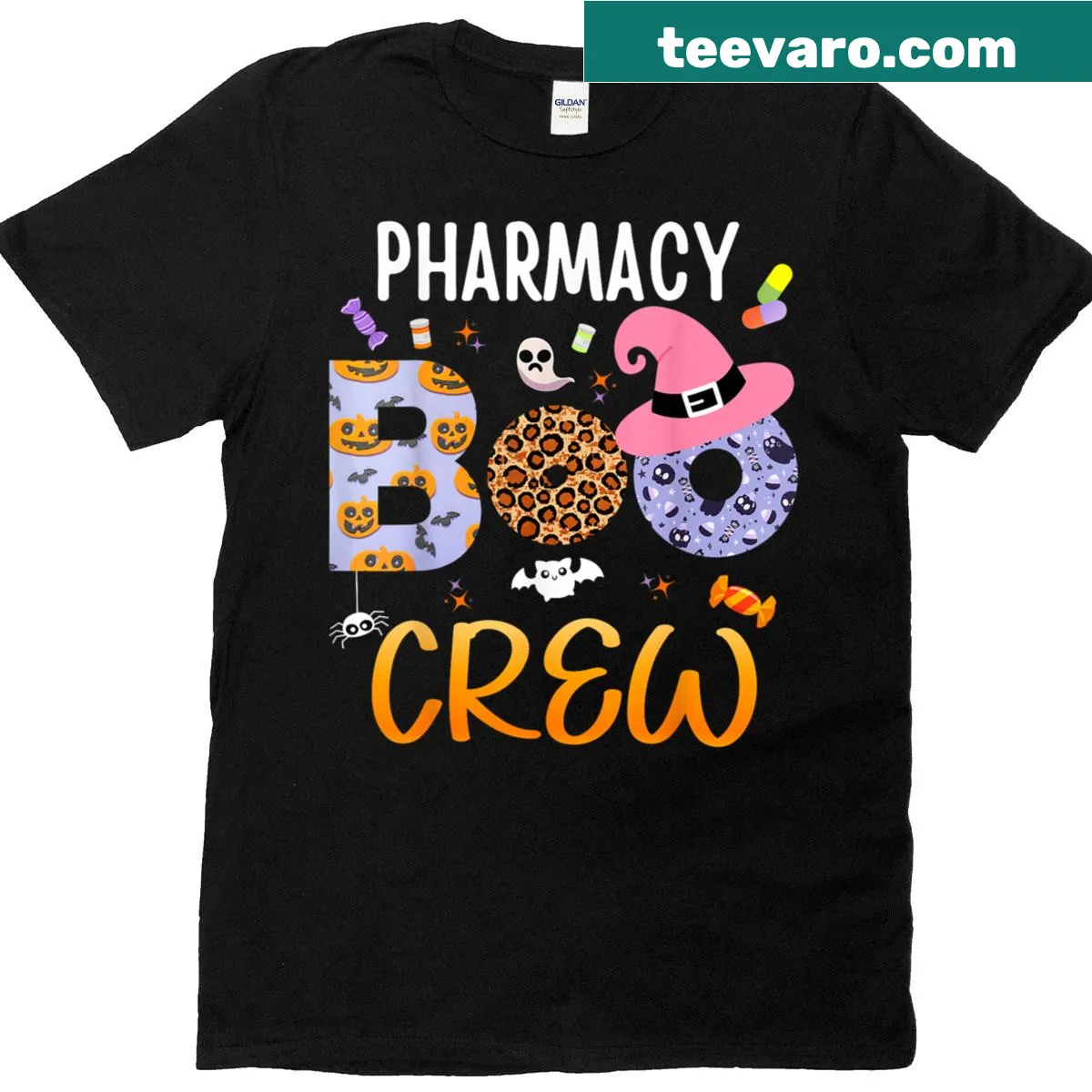 Funny pharmacy-themed Halloween T-shirt with cartoon pills — on a men's t-shirt