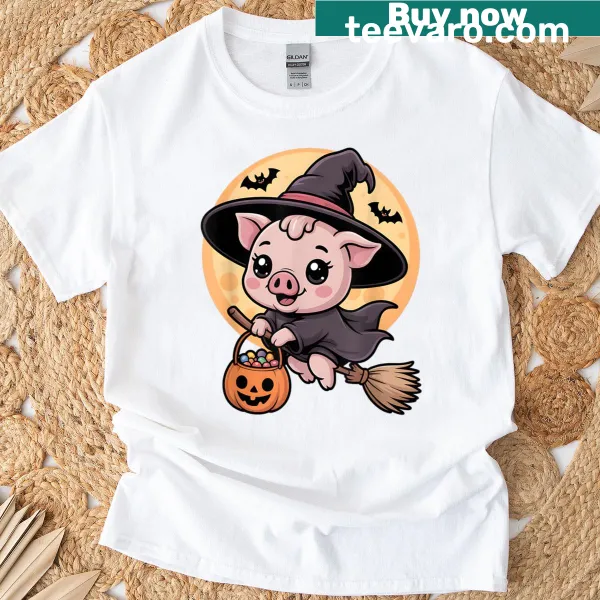 Fun Halloween T-shirt with pig in a witch hat and pumpkins