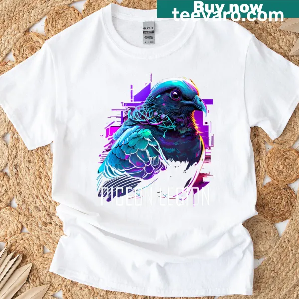 Cartoonish pigeon graphic on a humorous pigeon racing t-shirt