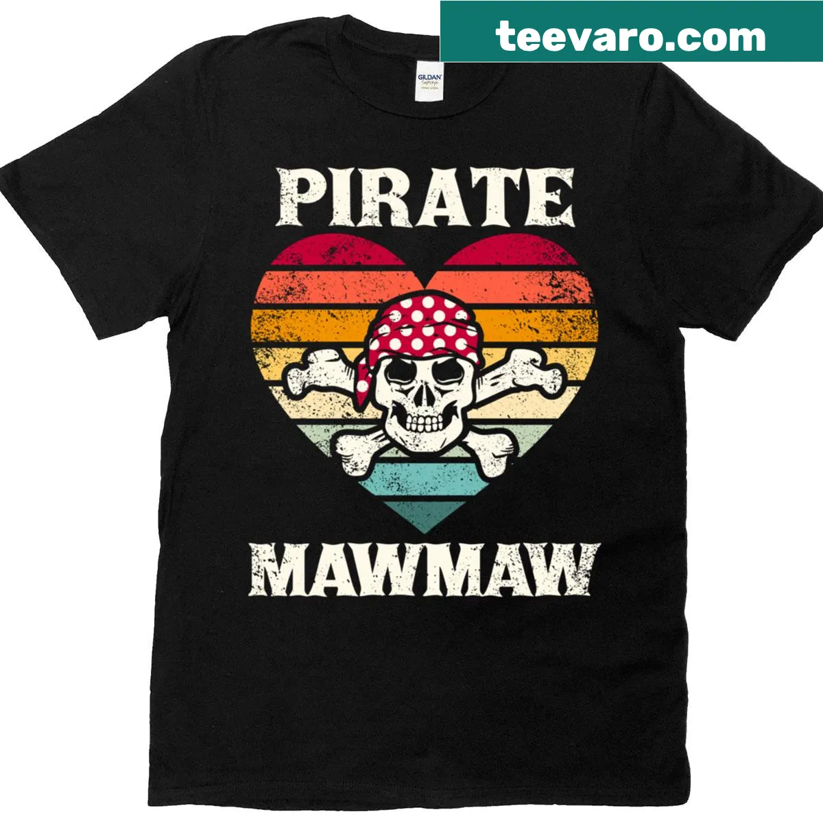 Vintage-style shirt with 'Pirate Mawmaw Heart' skull and heart graphic. — on a men's t-shirt