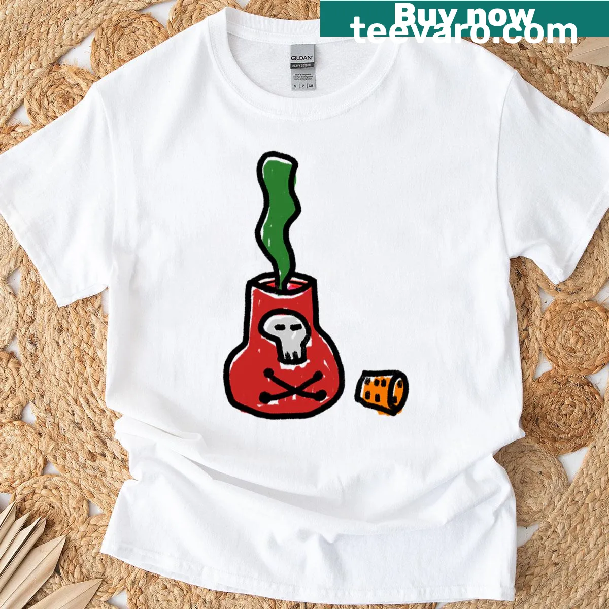 T-shirt featuring a spooky poison bottle graphic — on a men's t-shirt