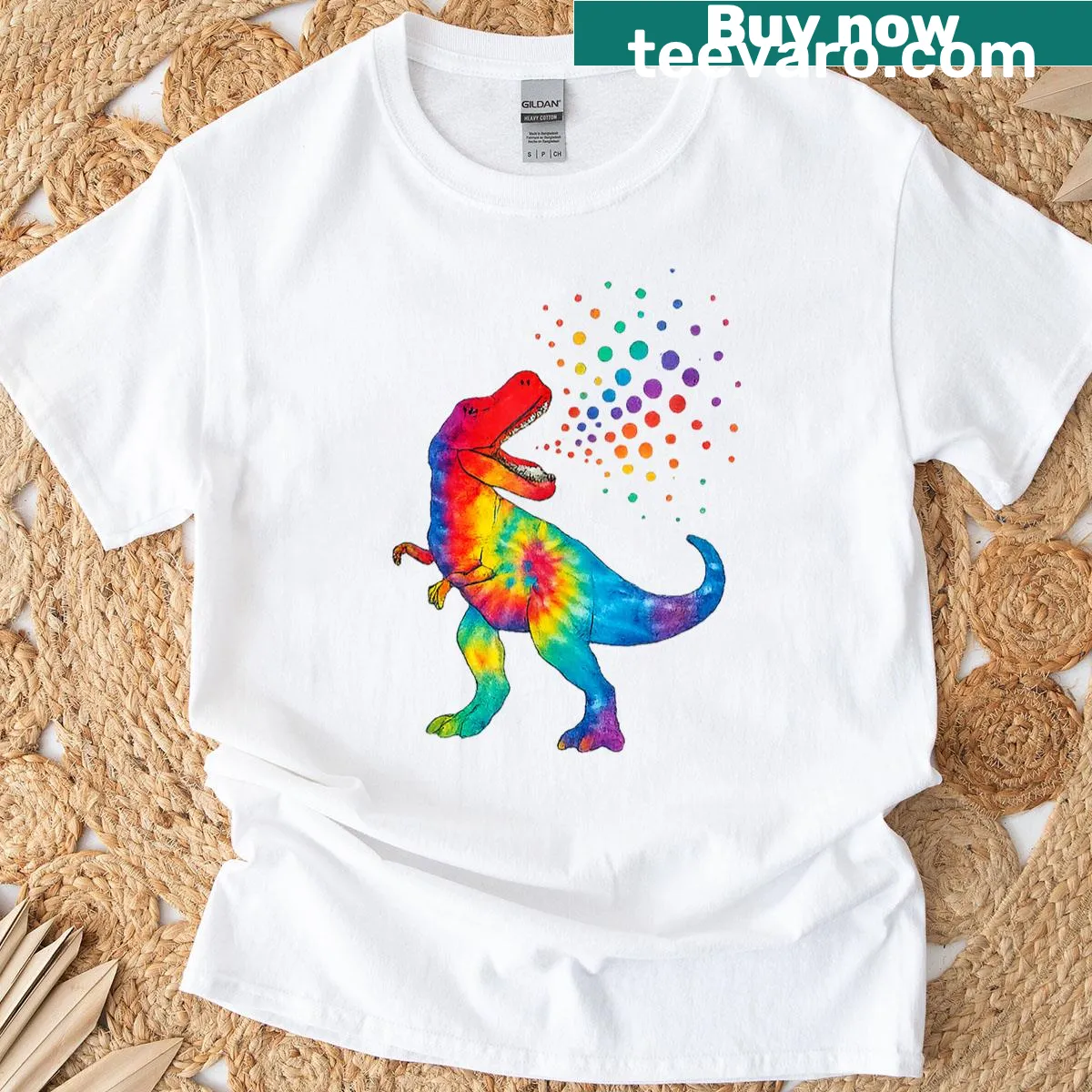 Kids T-shirt featuring a T-Rex dinosaur graphic with polka dots — on a men's t-shirt