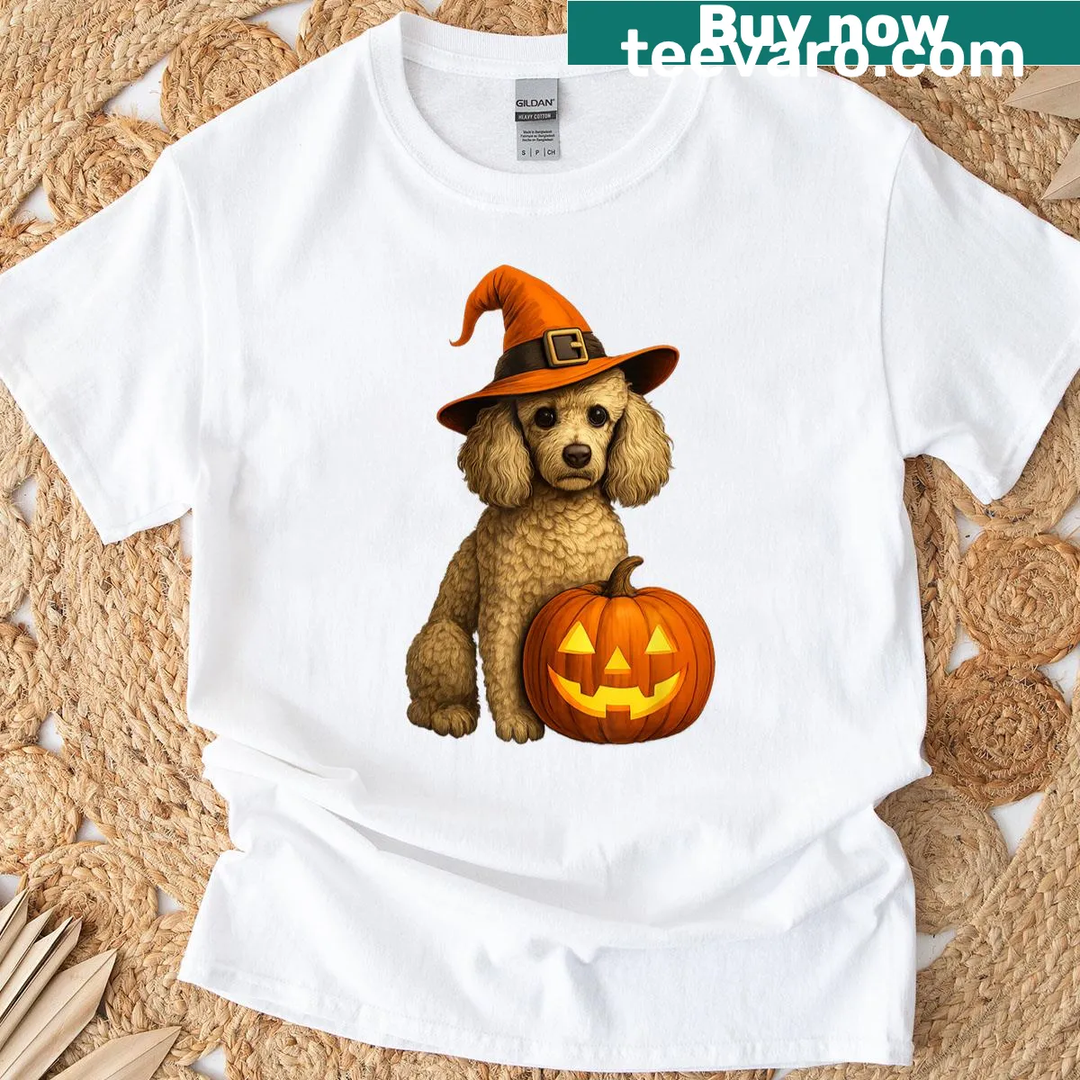Poodle in witch hat with pumpkins illustration on Halloween shirt — on a men's t-shirt