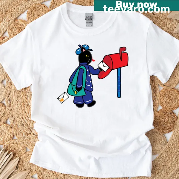 Illustration of black cat with postal worker theme on T-shirt