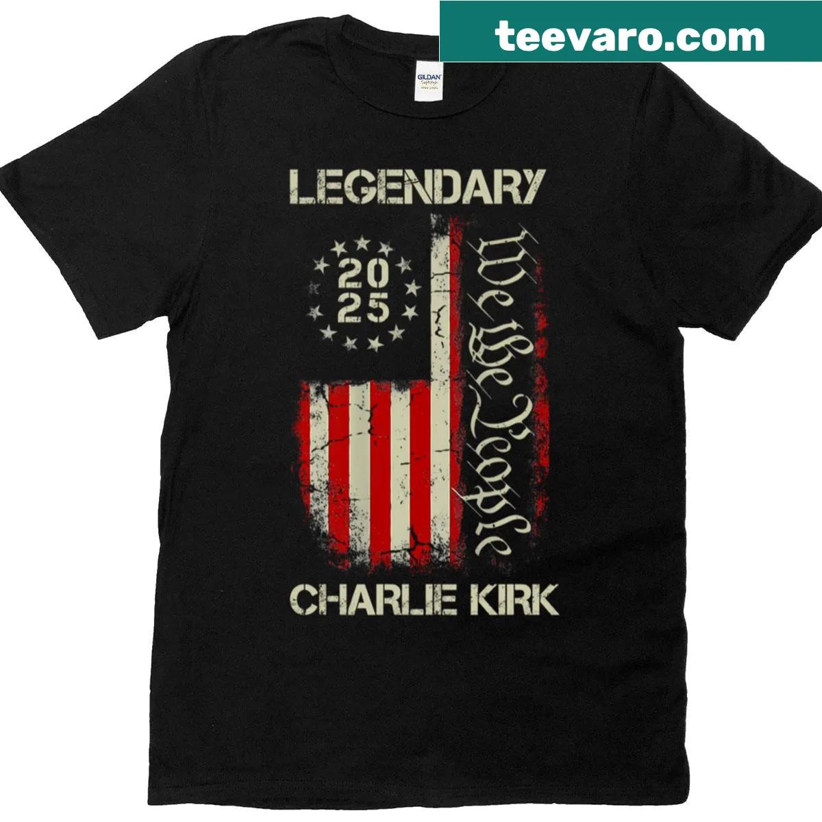American flag T-shirt with 'Pray For Charlie Kirk' graphic — on a men's t-shirt