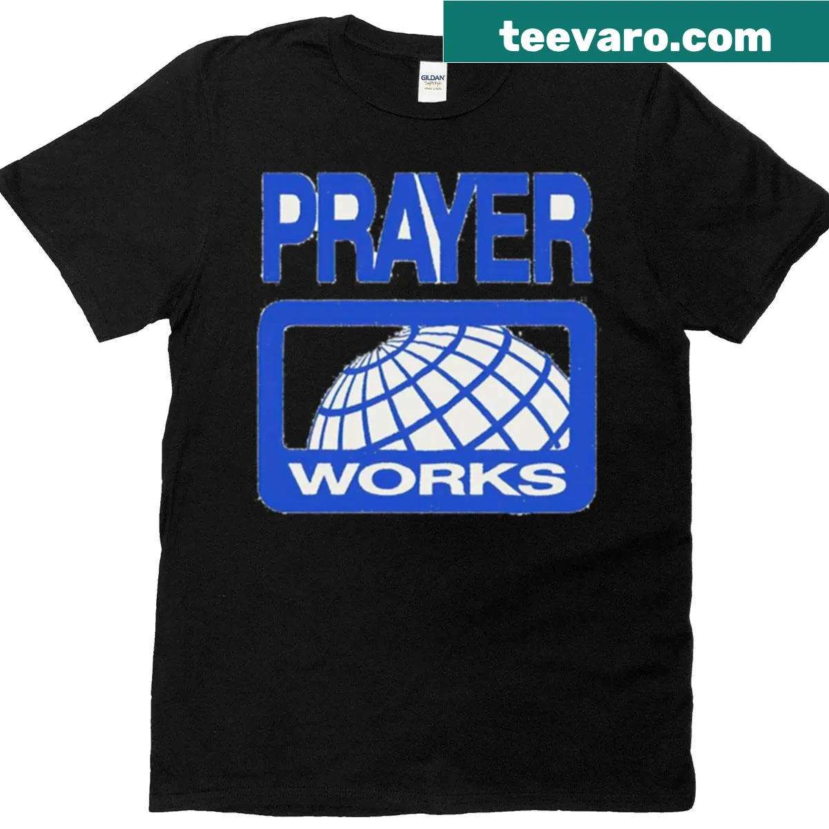 T-shirt featuring the phrase 'Prayer Works' in bold typography — on a men's t-shirt