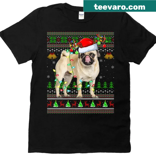 Funny Christmas t-shirt featuring pug dogs in Santa outfits