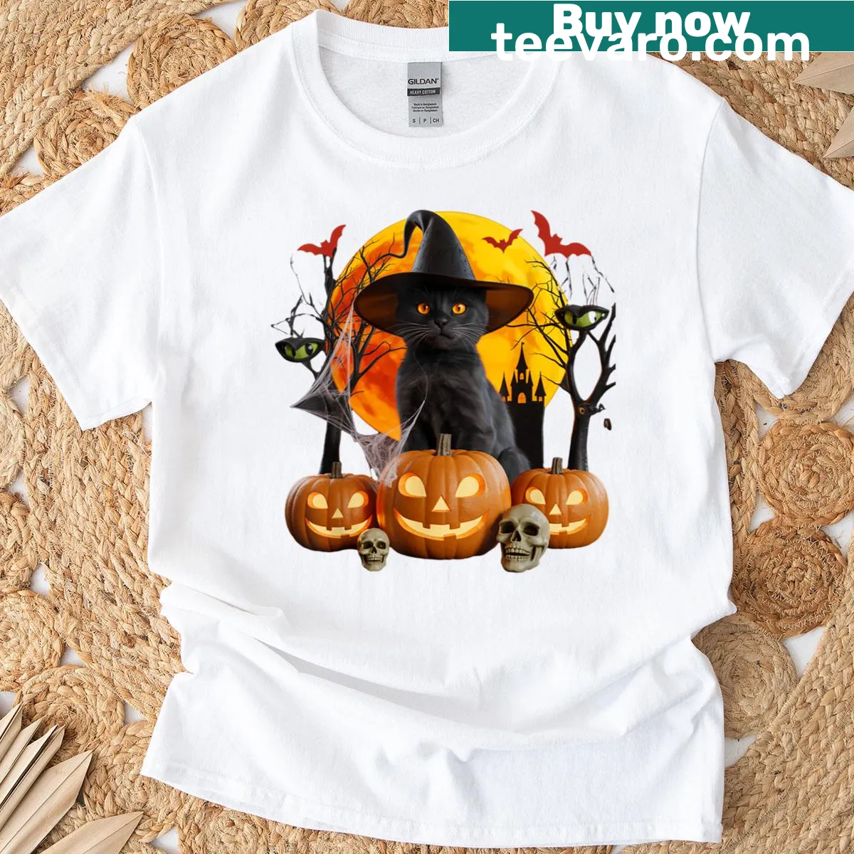 Funny Halloween t-shirt with a black cat and pumpkins design — on a men's t-shirt