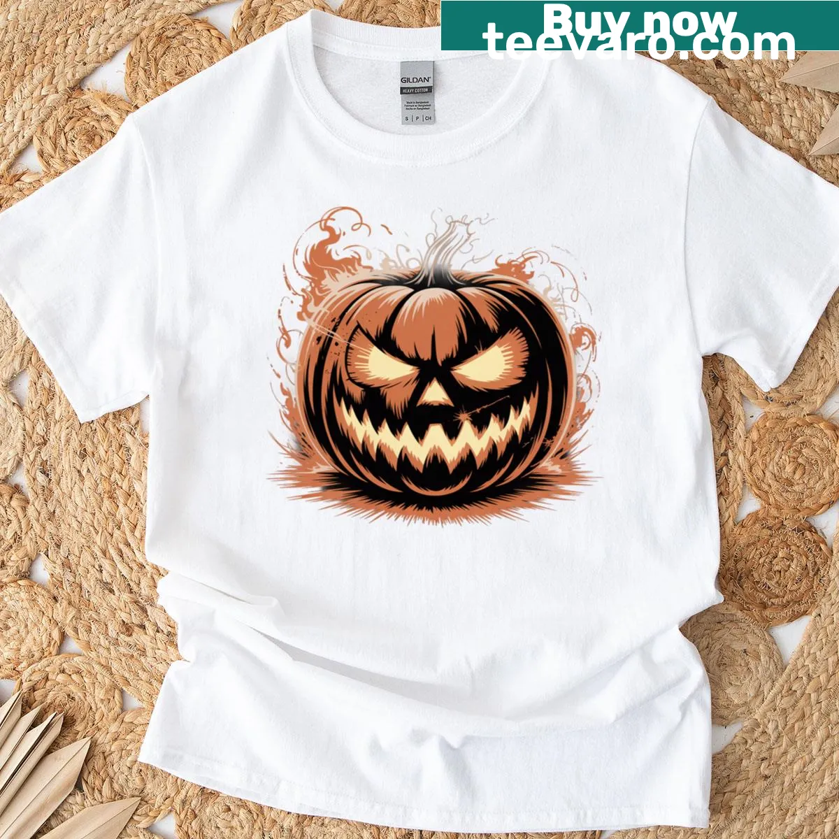 Illustration of a spooky Jack O Lantern design for Halloween — on a men's t-shirt