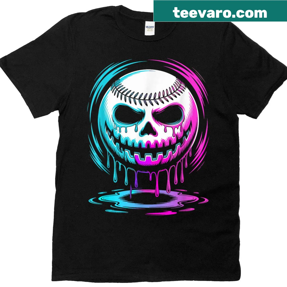Playful Halloween T-shirt featuring pumpkins, baseball, and ice cream — on a men's t-shirt