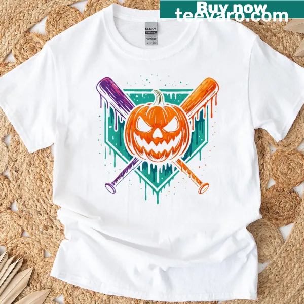 Cartoonish Halloween-themed shirt with pumpkin, baseball, and ice cream