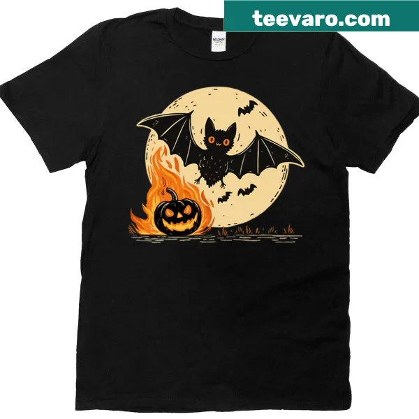 Illustration of a bat hanging under a pumpkin for Halloween.
