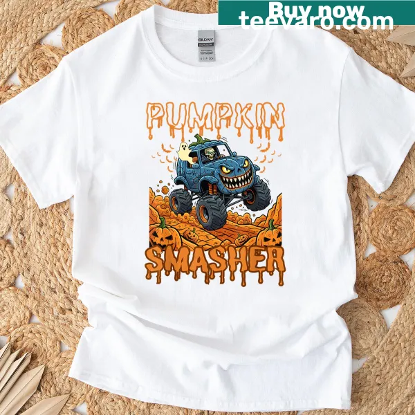 Cartoon T-shirt featuring a ghost truck smashing pumpkins for Halloween.