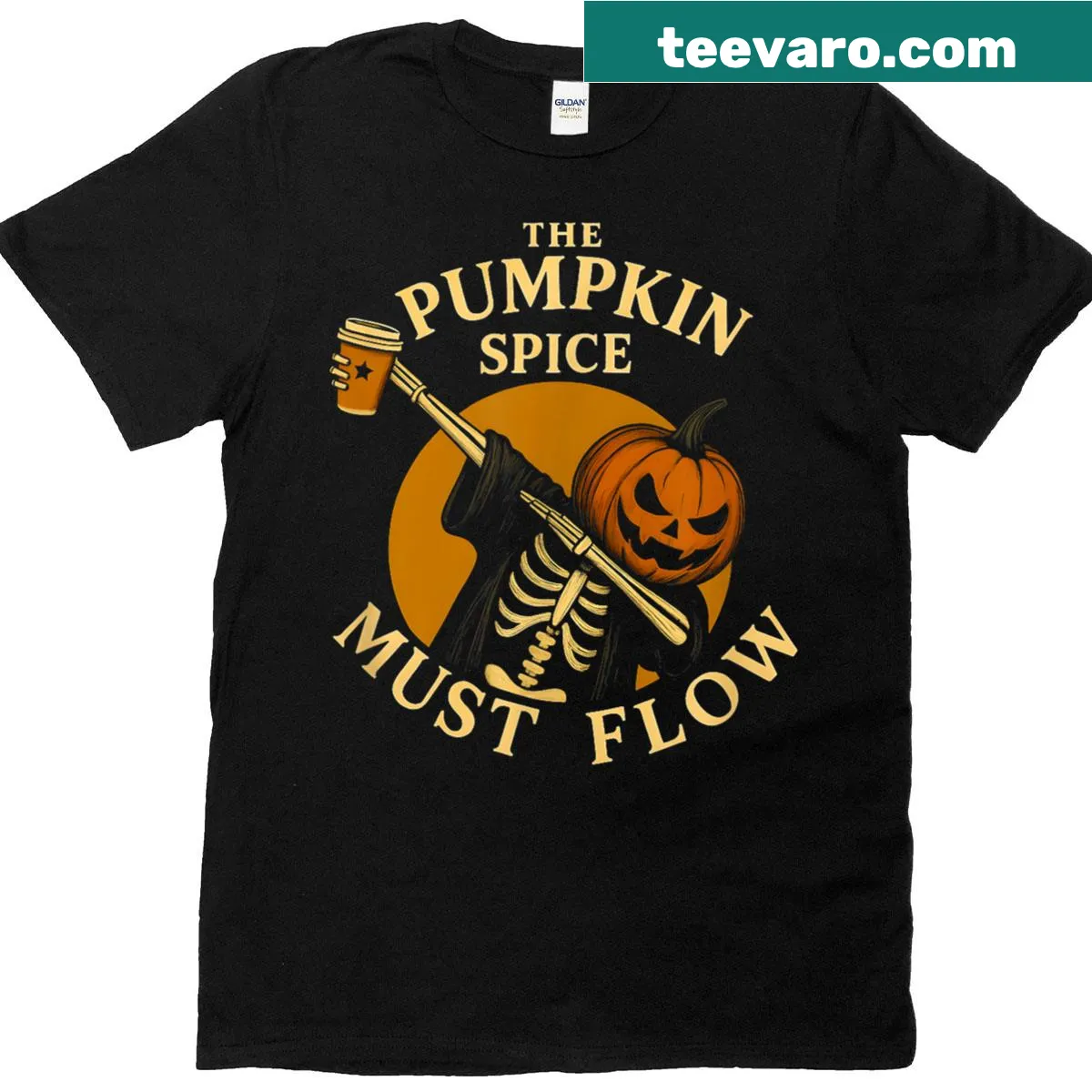 Skeleton enjoying pumpkin spice graphic t-shirt for Halloween — on a men's t-shirt