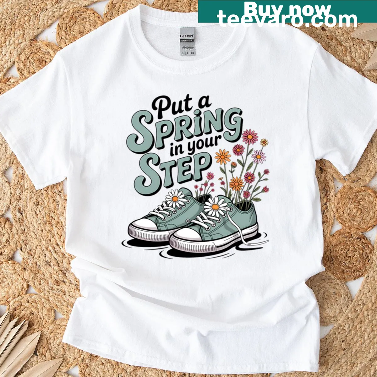 Playful illustration with the phrase 'Put A Spring In Your Step' for t-shirt — on a men's t-shirt