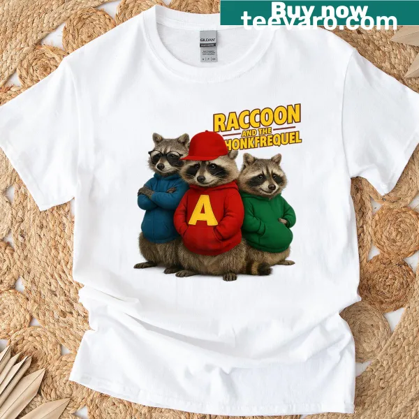 Three mischievous raccoons illustrated for Thanksgiving fun on a t-shirt