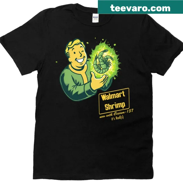 Fun illustration of a blue radioactive shrimp on a T-shirt