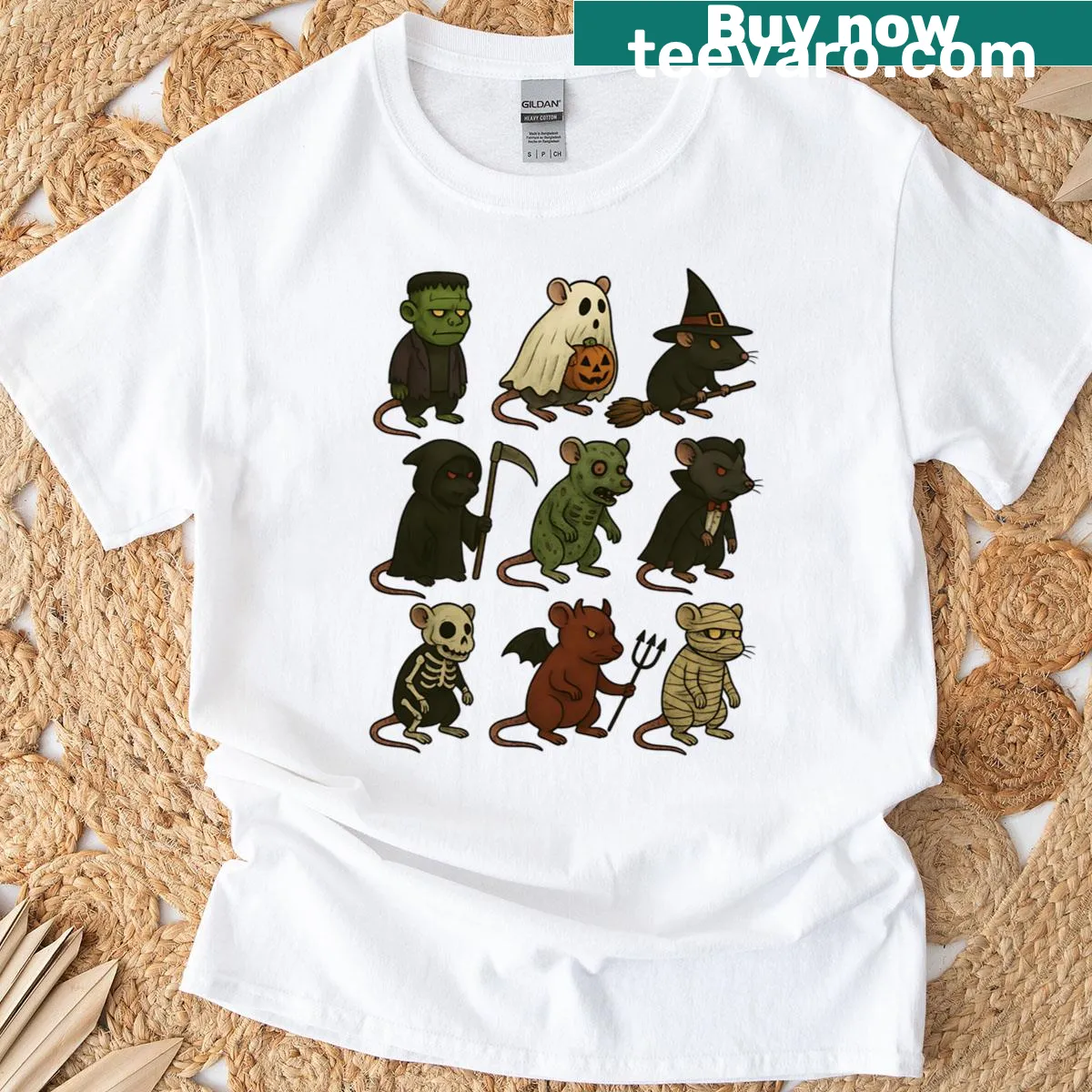 Cartoon zombie rat in a witch's hat with 'Boo' text on a T-shirt — on a men's t-shirt