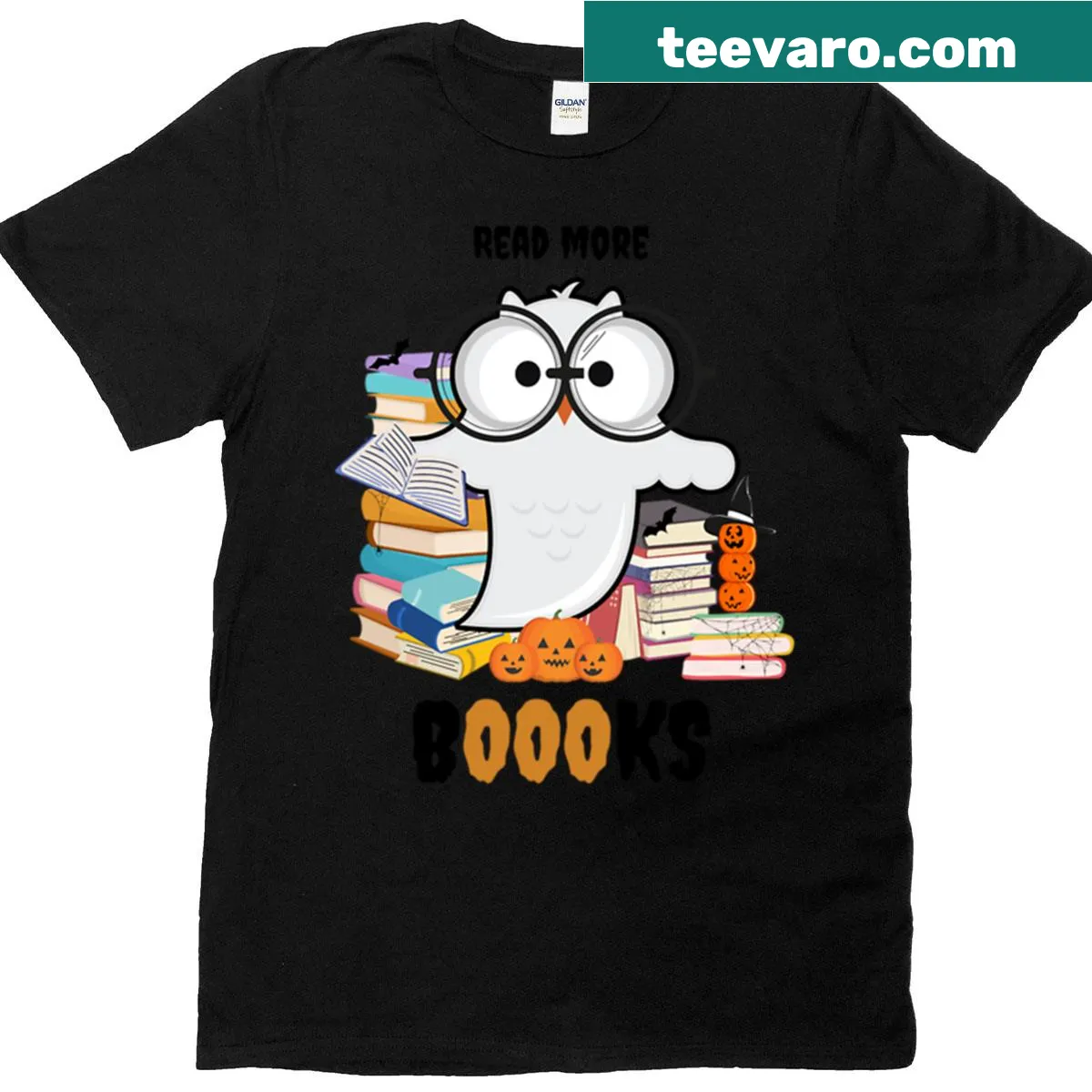 T-shirt featuring the phrase 'Read More Boooks' in fun typography with Halloween theme — on a men's t-shirt