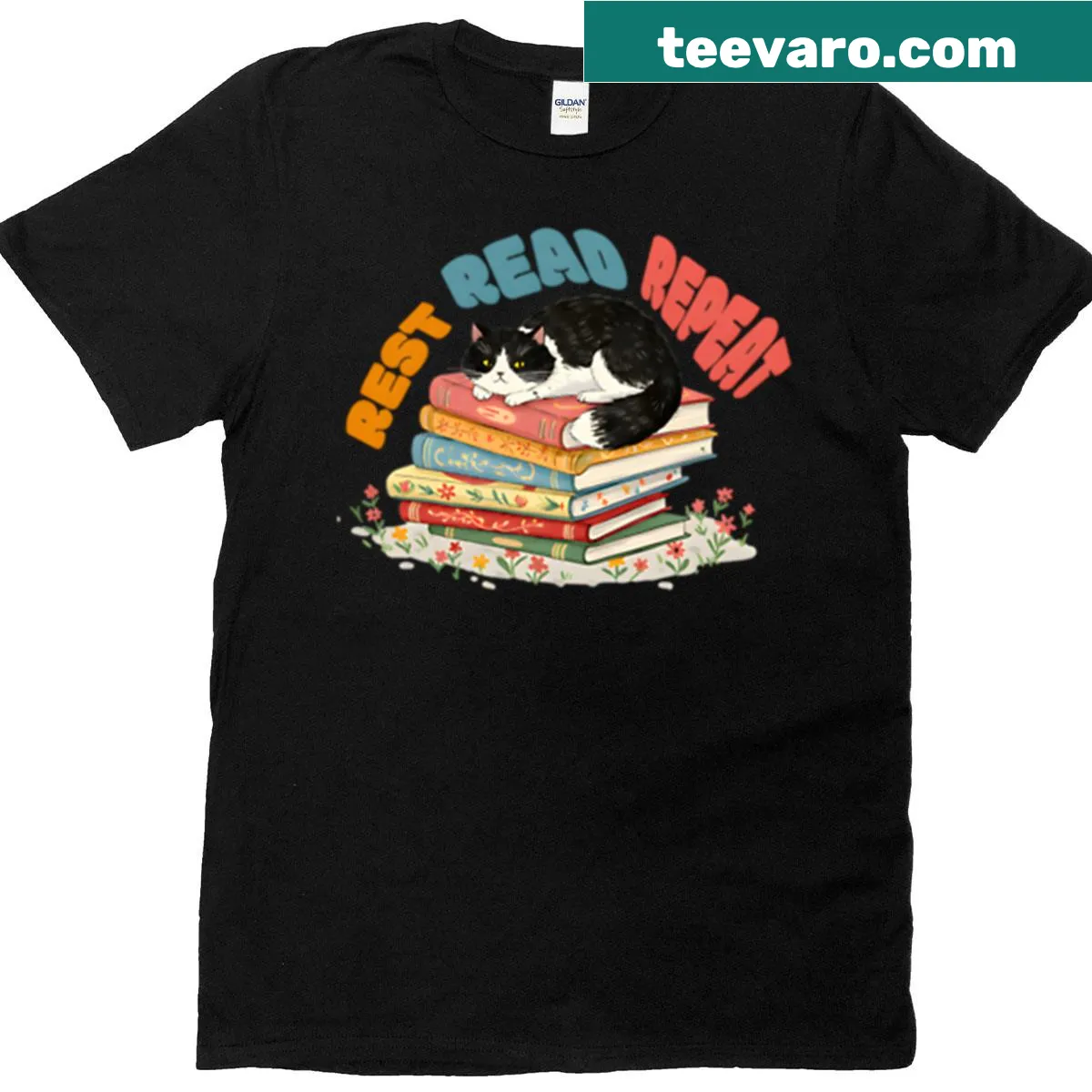 Cat-themed Read Repeat graphic t-shirt — on a men's t-shirt
