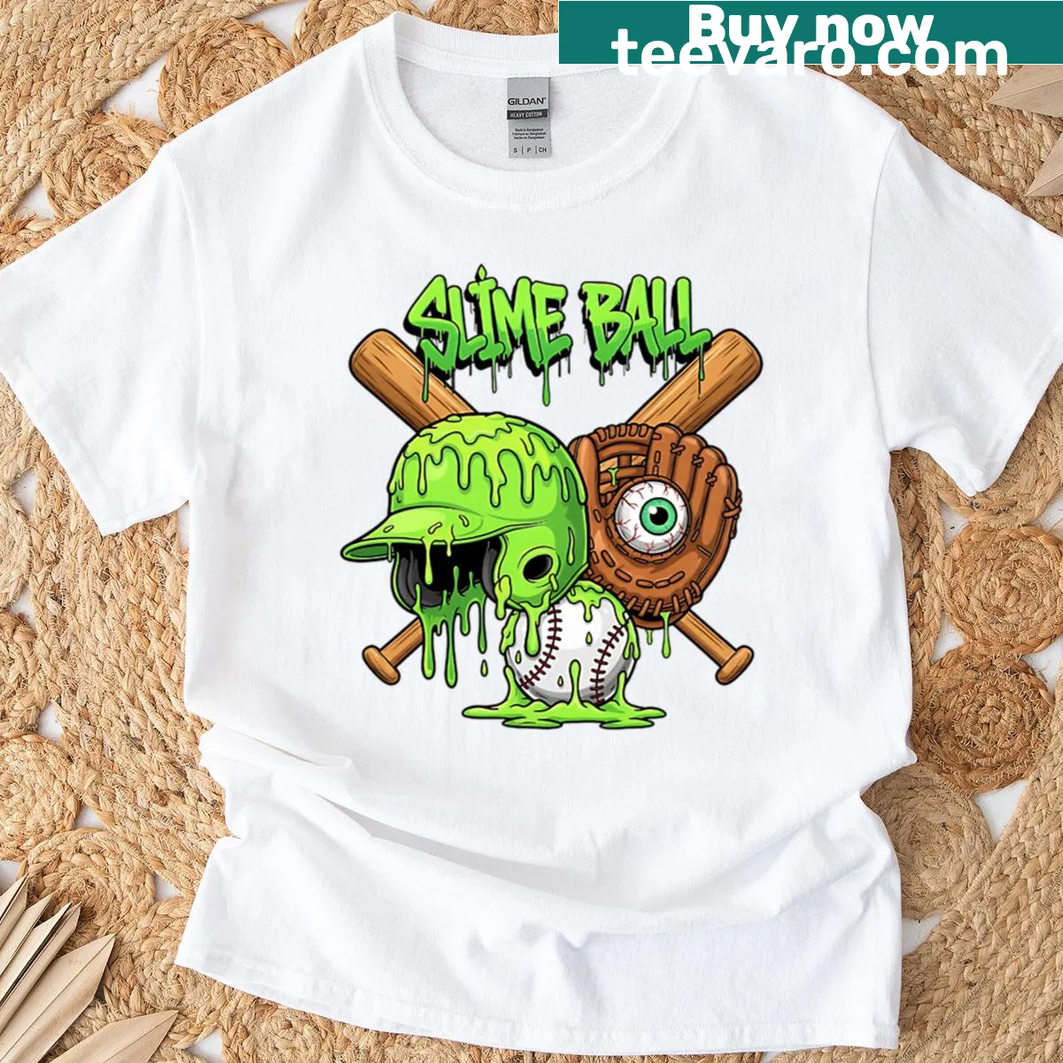 Baseball-themed Halloween graphic on youth t-shirt — on a men's t-shirt