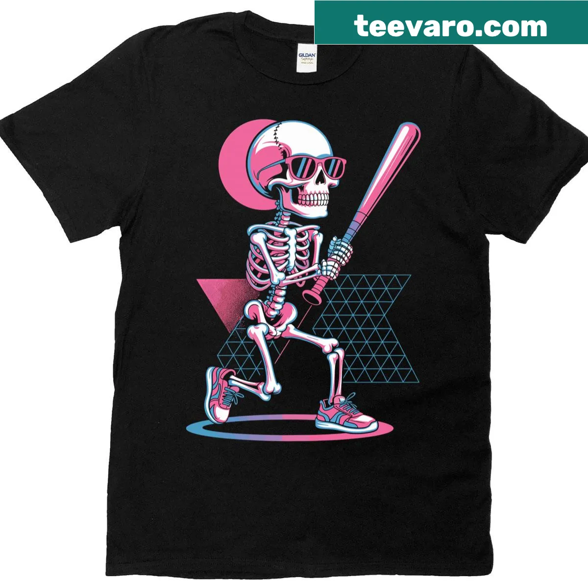 Retro 80s skeleton baseball graphic t-shirt for Halloween — on a men's t-shirt