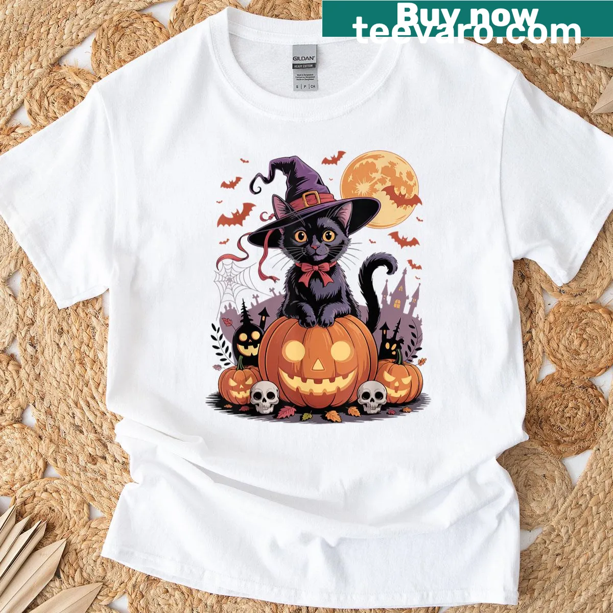 Retro black cat and pumpkin design for Halloween t-shirt — on a men's t-shirt