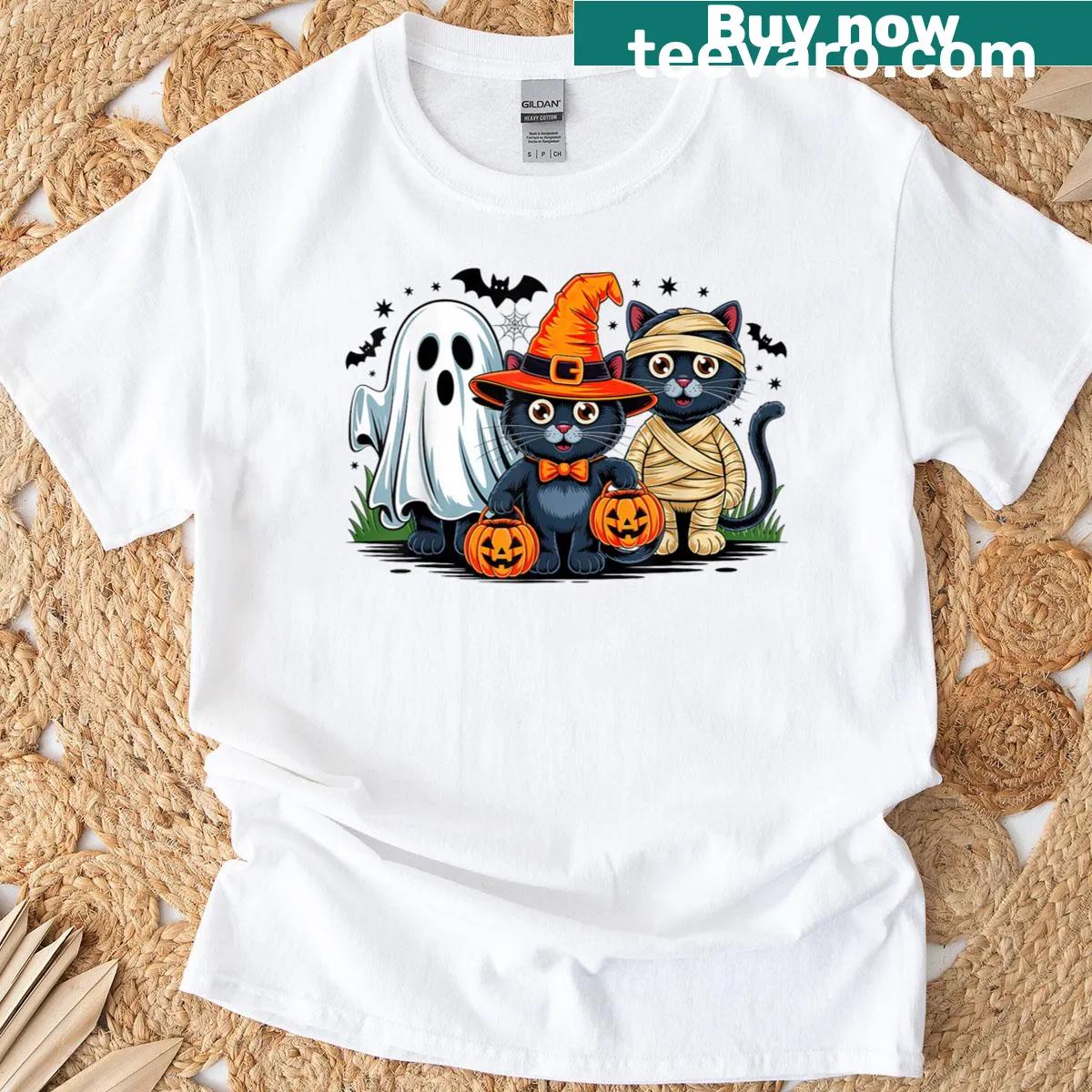 Retro Halloween design featuring a black cat and pumpkin graphics — on a men's t-shirt