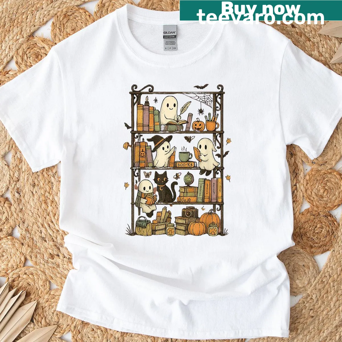 Adorable ghost on a bookshelf Halloween t-shirt — on a men's t-shirt
