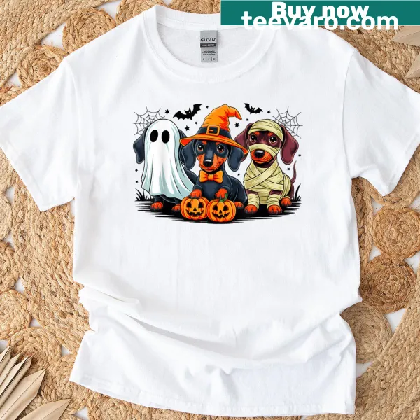 Retro dachshund dressed as a witch for Halloween t-shirt