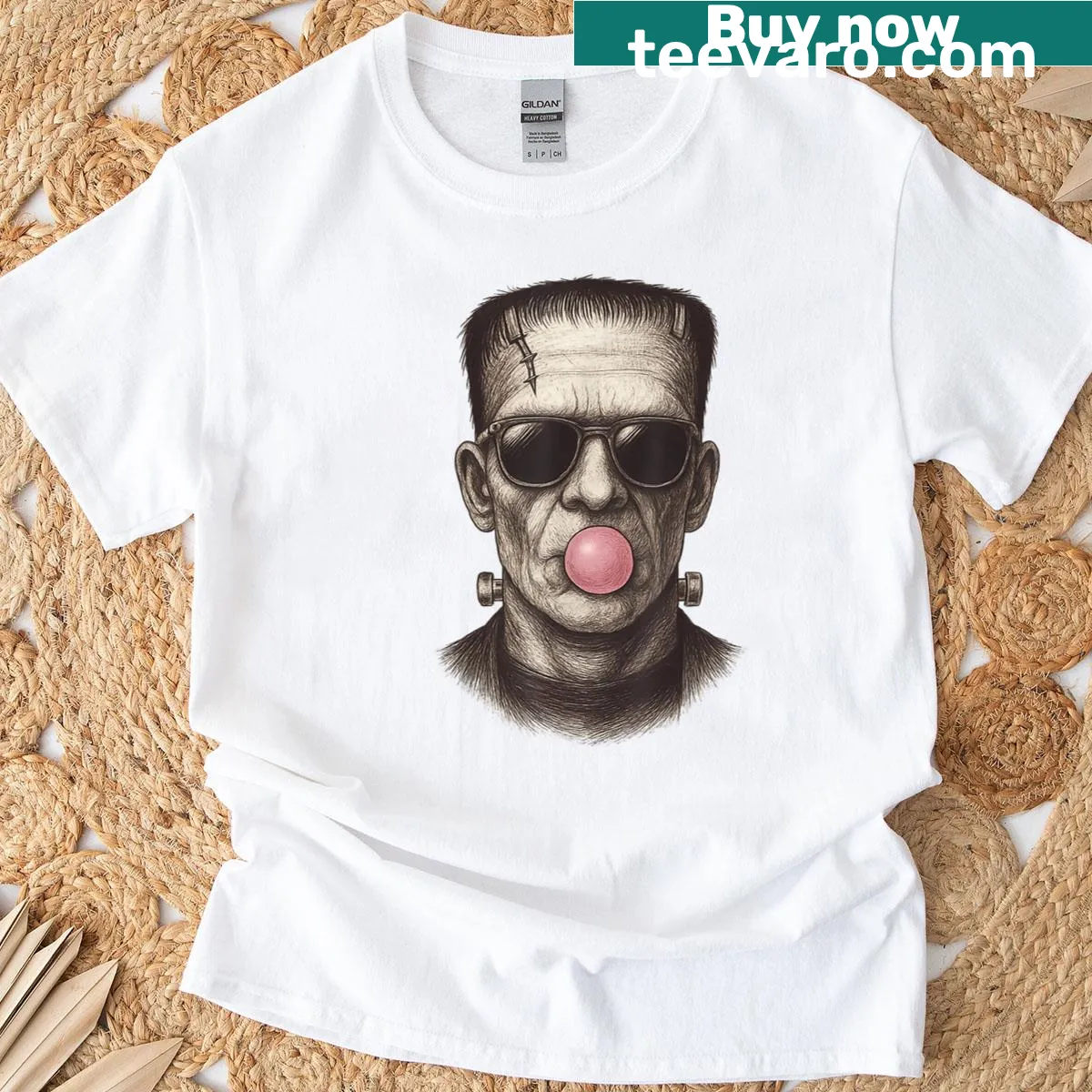 Retro Halloween T-shirt with Frankenstein blowing bubble gum — on a men's t-shirt